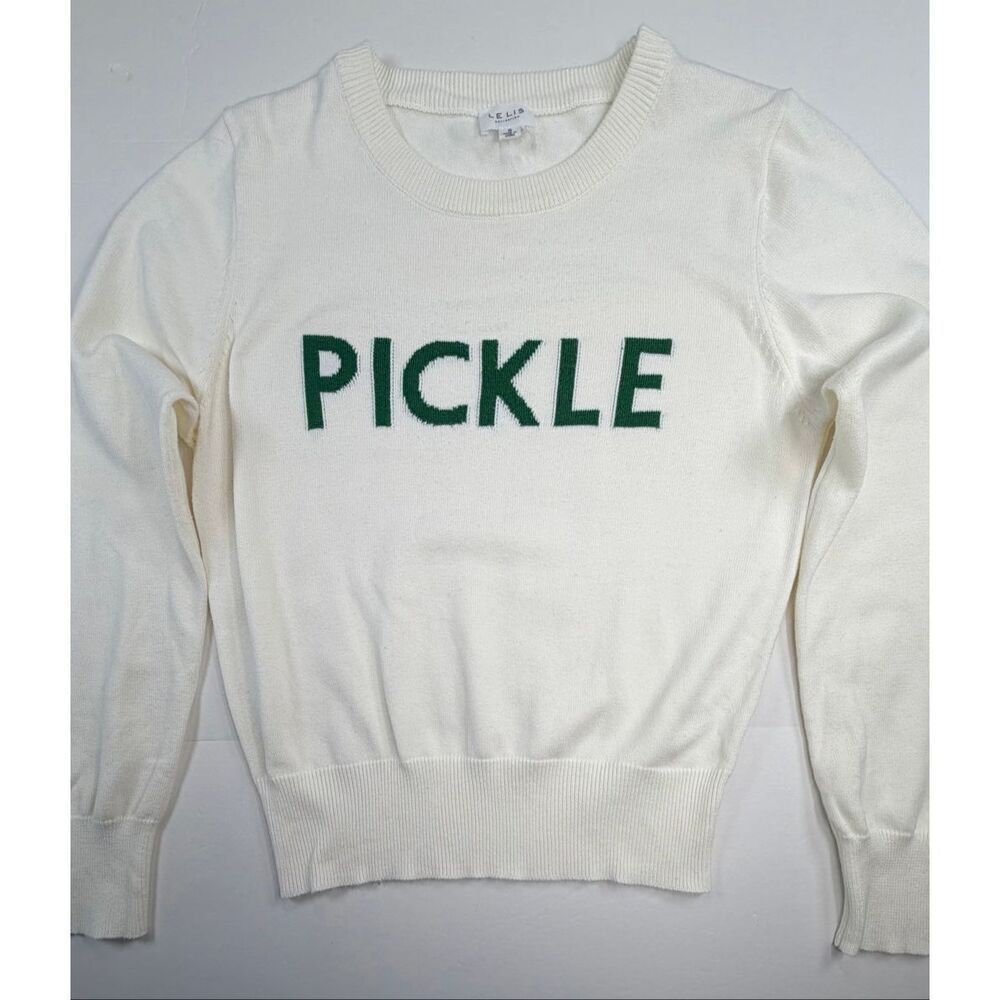 Le Lis Pickle Graphic Sweater Women Small Cream Green Preppy Knit Pullover EUC